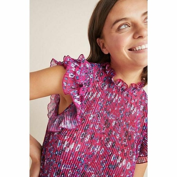 Anthropologie Pink Floral Freida Pleated Ruffle Blouse - Picture 2 of 6